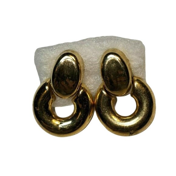 80’s Chic Classic Shiny Gold Tone Door Knocker Post Earrings A283 - Picture 2 of 4